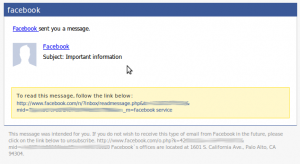 Spam message claming "Important information" from Facebook